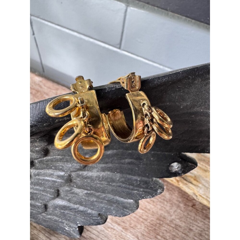 GIVENCHY Gold Tone Clip-On Hoop Earrings w/ Triple Ring Dangles Vintage
